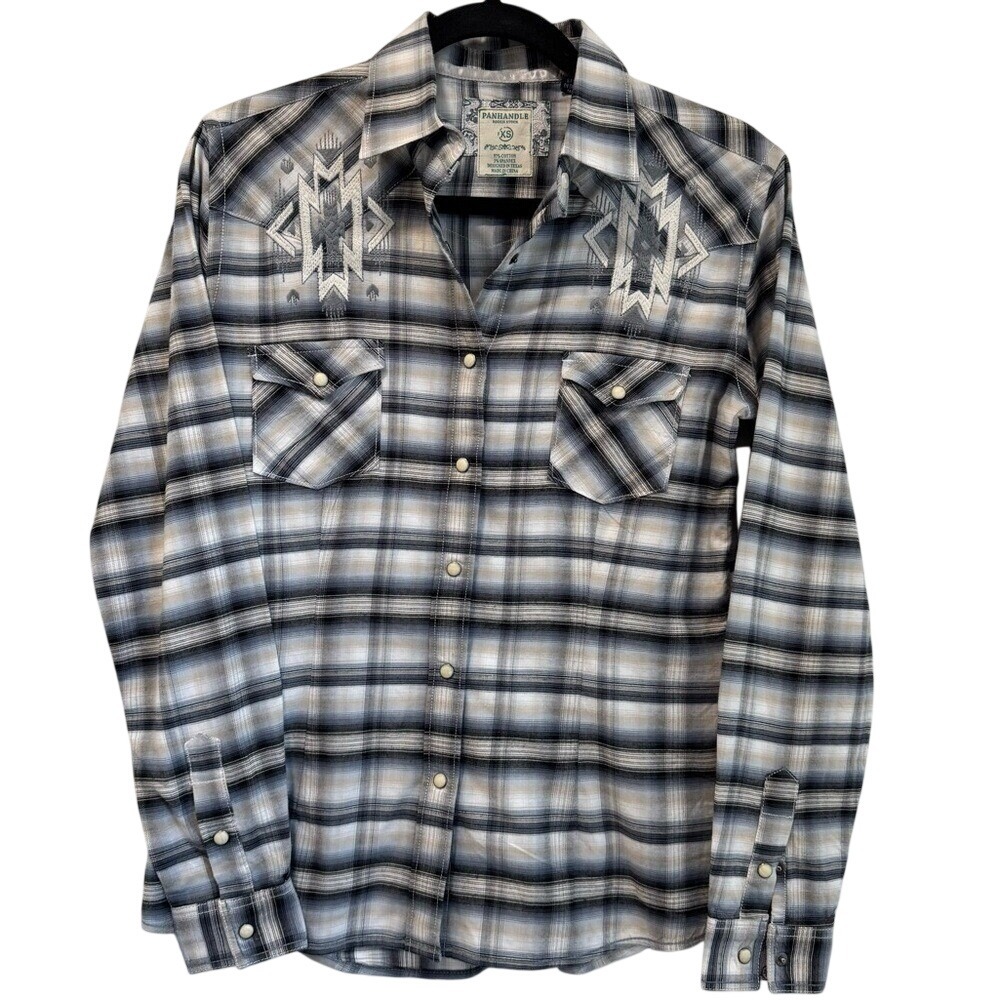 Panhandle Rough Stock Western Shirt Aztec Embroidery Plaid Long Sleeve‎ XS